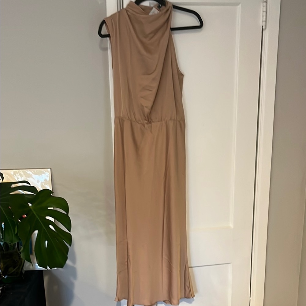 Elegant Tan silky Sleeveless Dress